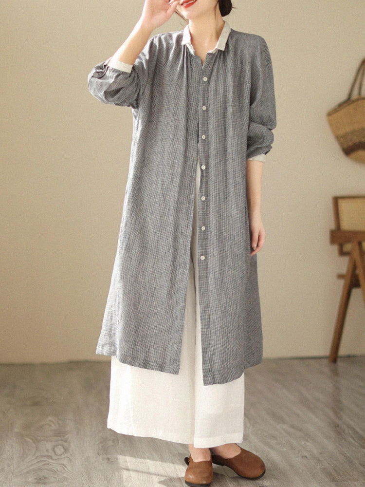 Secure Chest Pocket Water Repellent Coating Women Casual Plus Size Houndstooth Plaid Linen Mid-Length Jacket