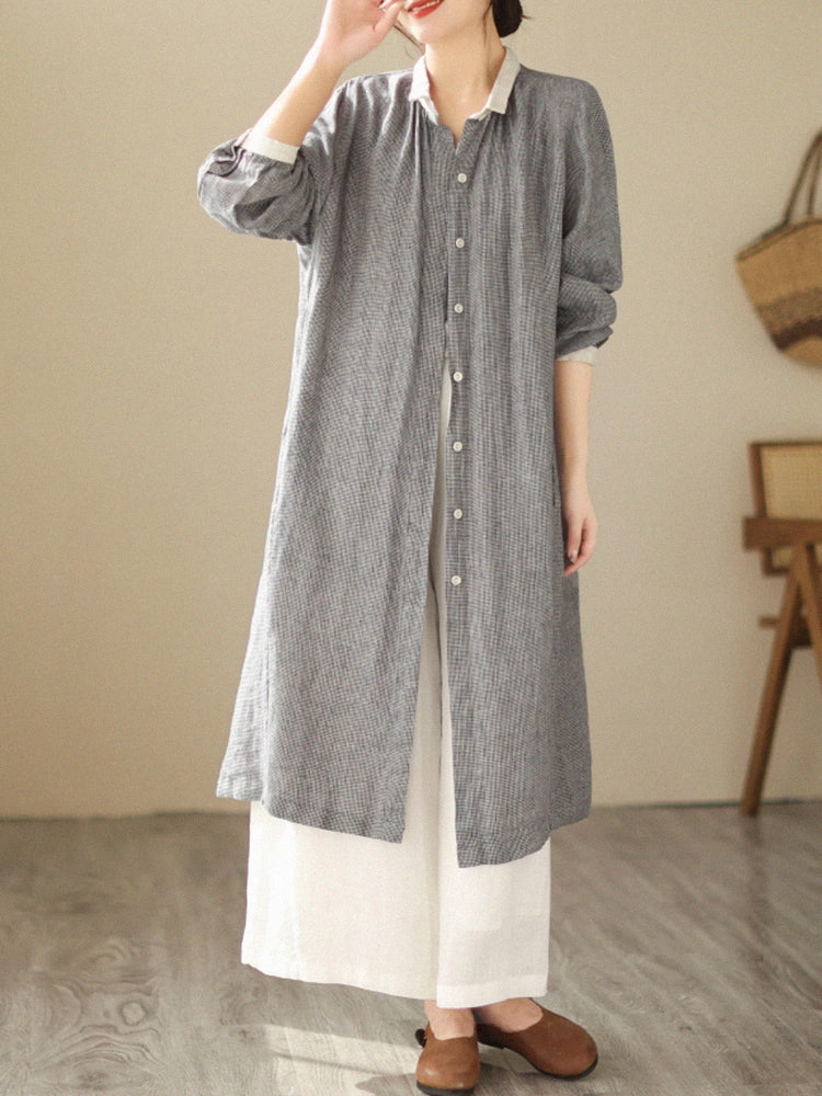 Women Casual Plus Size Houndstooth Plaid Linen Mid-Length Jacket Airy Layer Fit Double stitching