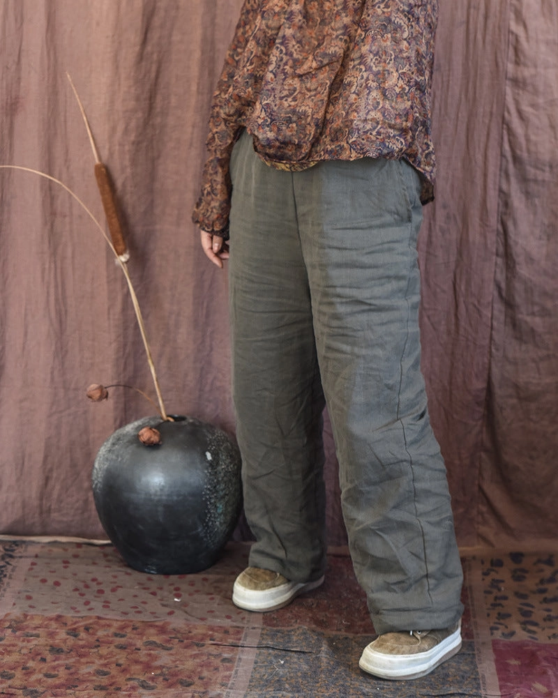 Tagless Design Women Casual Quilted Straight-Leg Padded Warm Linen Pants