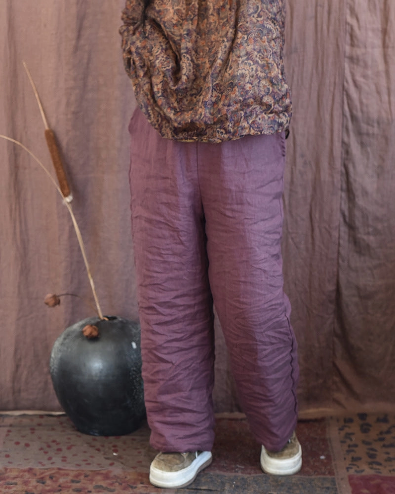 Women Casual Quilted Straight-Leg Padded Warm Linen Pants Skin Safe