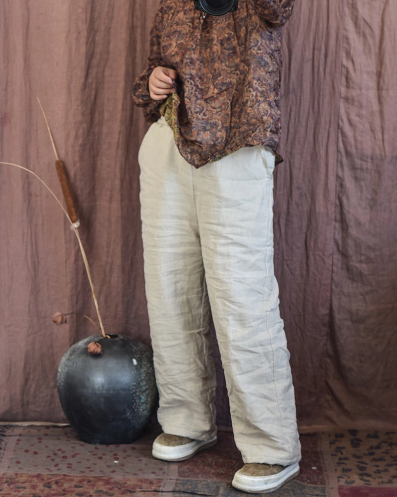 Women Casual Quilted Straight-Leg Padded Warm Linen Pants featherlight Sweat Absorbing