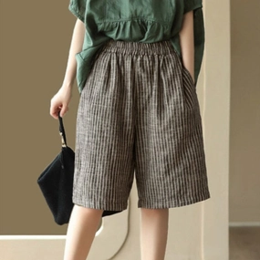 Non-Binding Women Casual Summer Linen Stripe Shorts