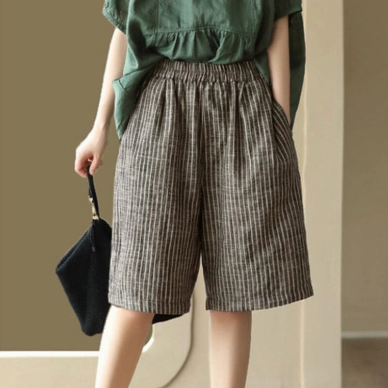 Non-Binding Women Casual Summer Linen Stripe Shorts
