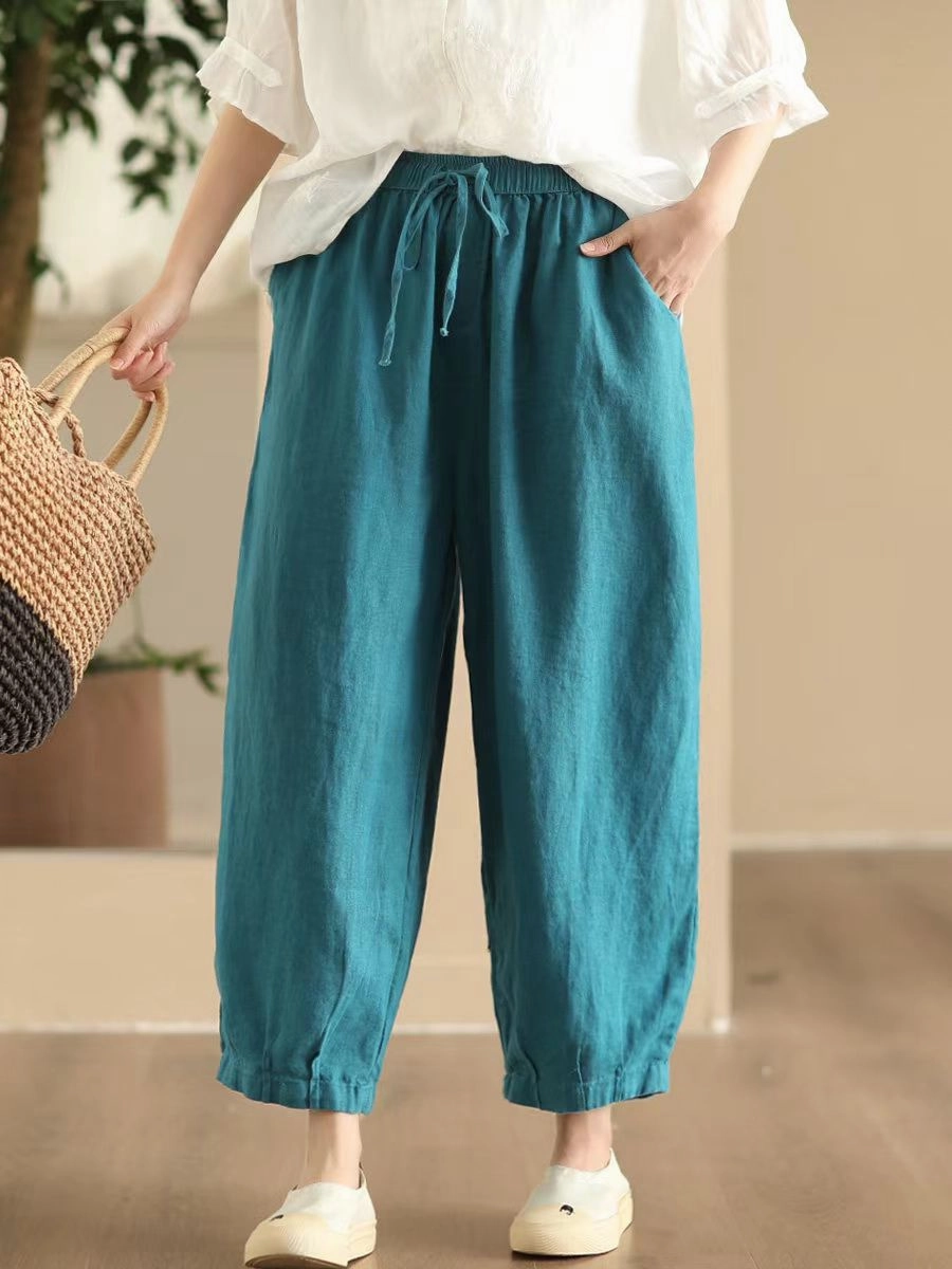 Stretchable Material Women Comfortable Linen Straight-Leg Elastic Waist Harem Pants