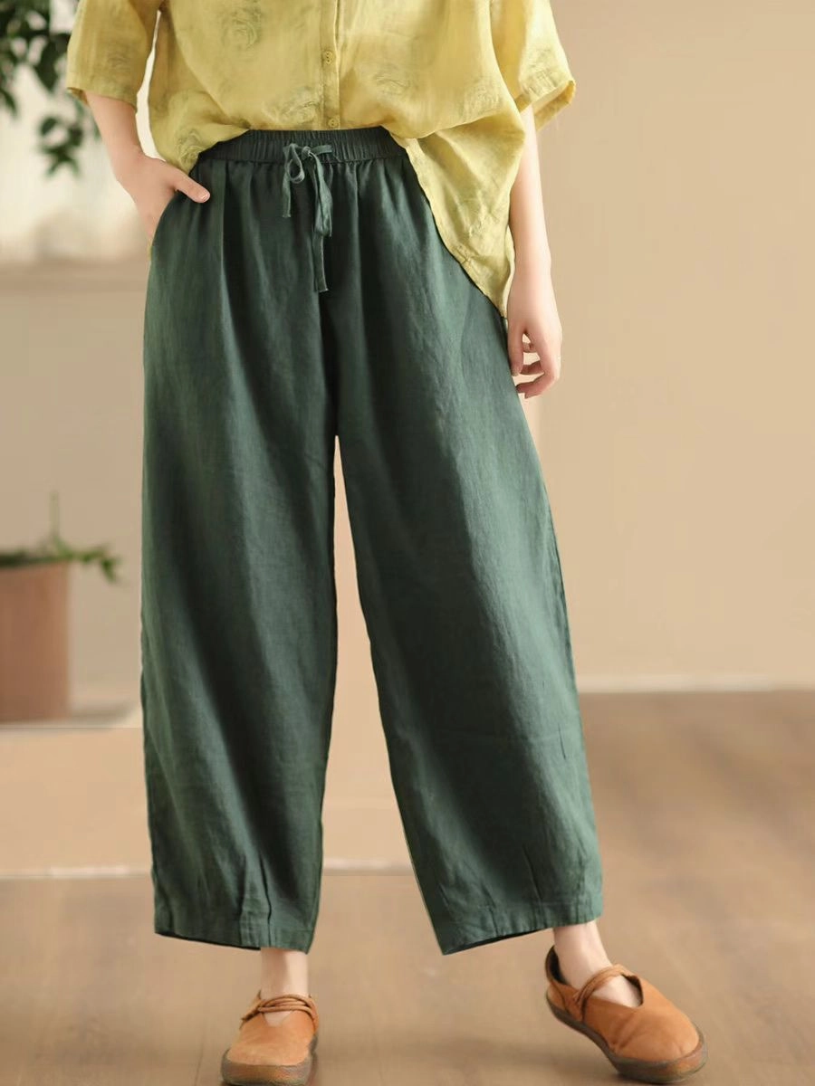 Women Comfortable Linen Straight-Leg Elastic Waist Harem Pants Silky texture