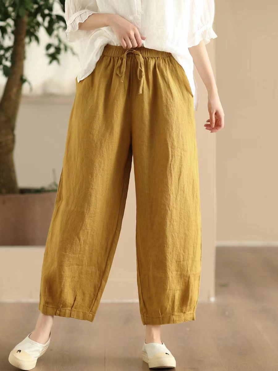 Women Comfortable Linen Straight-Leg Elastic Waist Harem Pants Scratch Resistant