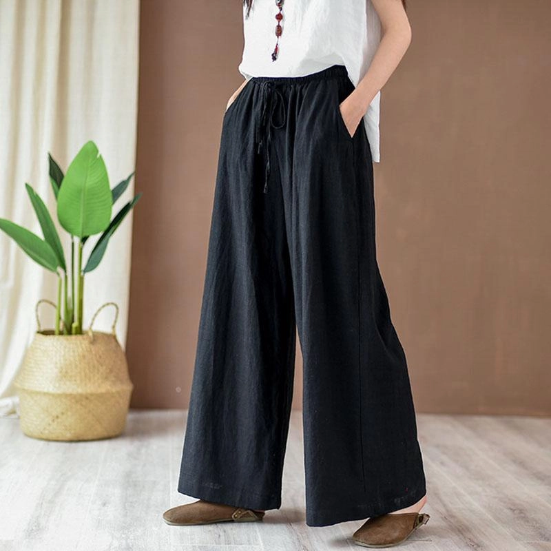 Fresh Fabric Size Stable Women Cotton Linen Wide Leg Pants