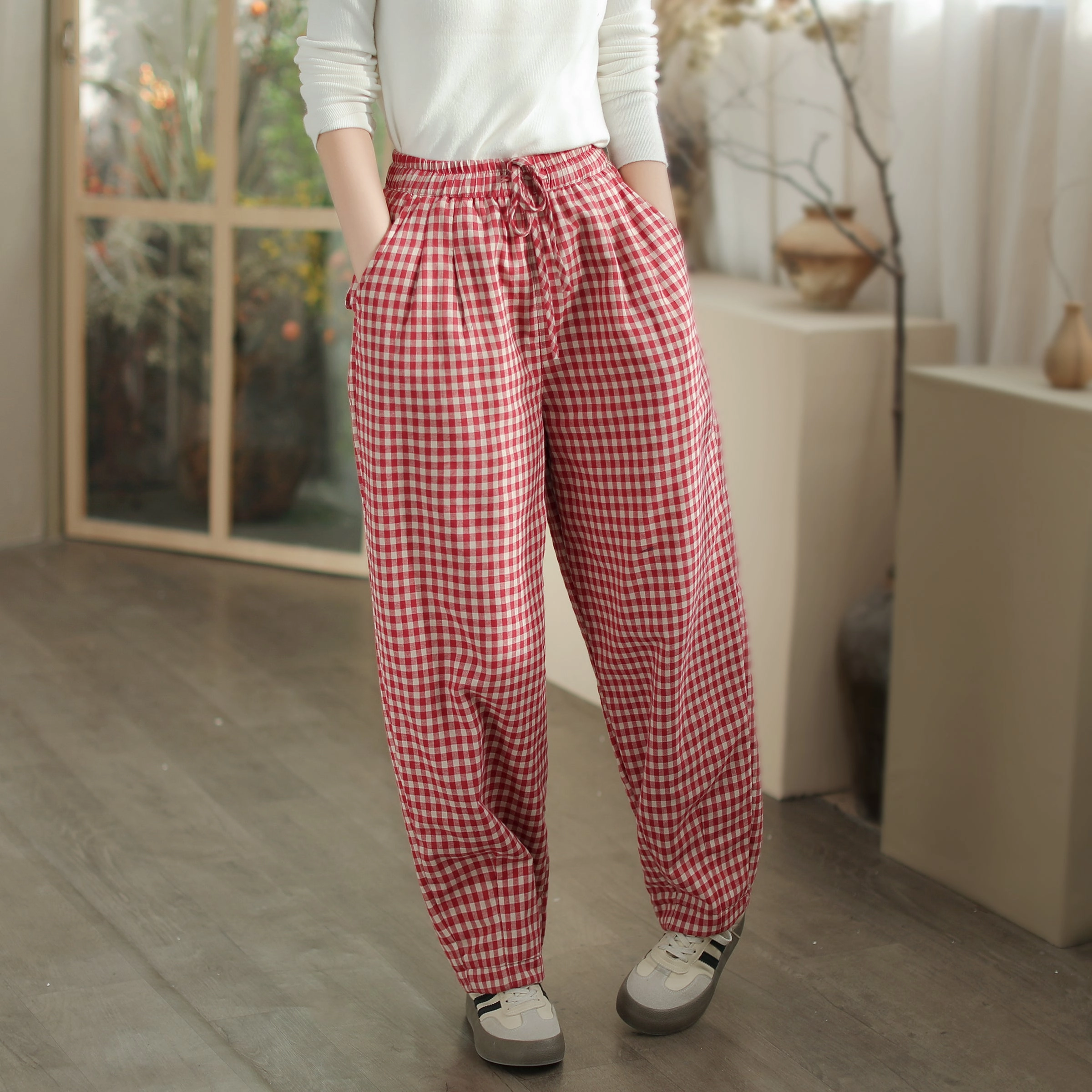 Humidity Control Reinforced Stitching Women Cozy Loose Plaid Elastic Waist Padded Cotton Pants