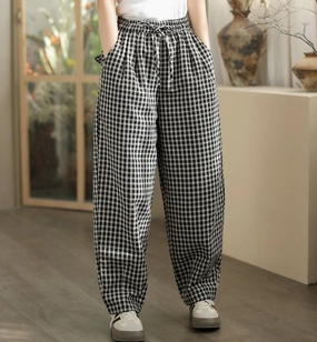 Fluid motion Women Cozy Loose Plaid Elastic Waist Padded Cotton Pants