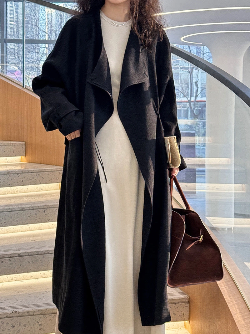 Odor Resistant Lining Slim Fit Design Women Elegant Drawstring Linen Trench Coat