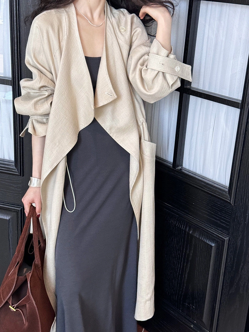 Water resistant coating Women Elegant Drawstring Linen Trench Coat