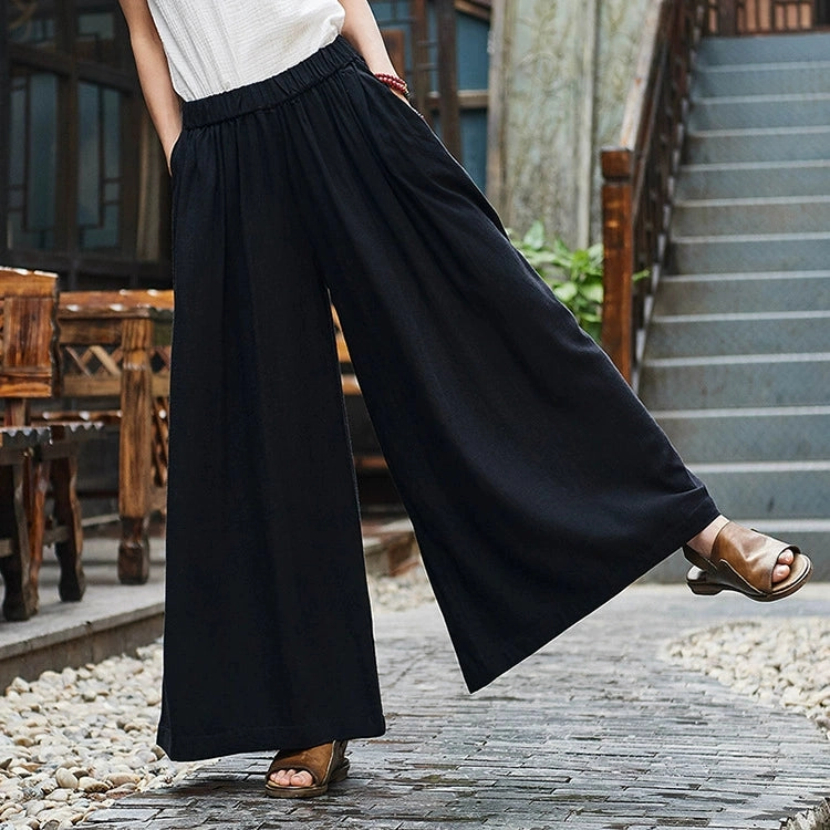 Women Linen Flowy High Elastic Waisted Wide-Leg Pants Moisture Management