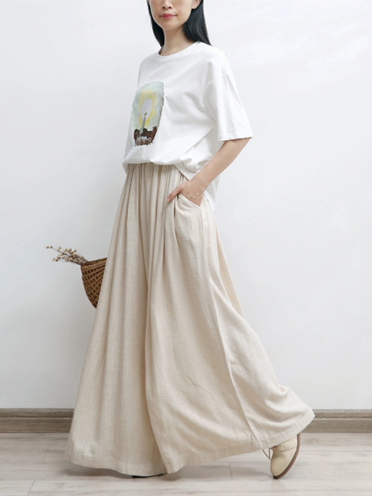 Natural Fit Women Linen Flowy High Elastic Waisted Wide-Leg Pants