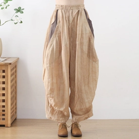 Soft Touch color fast Women Loose Crinkled Color Block Linen Pants