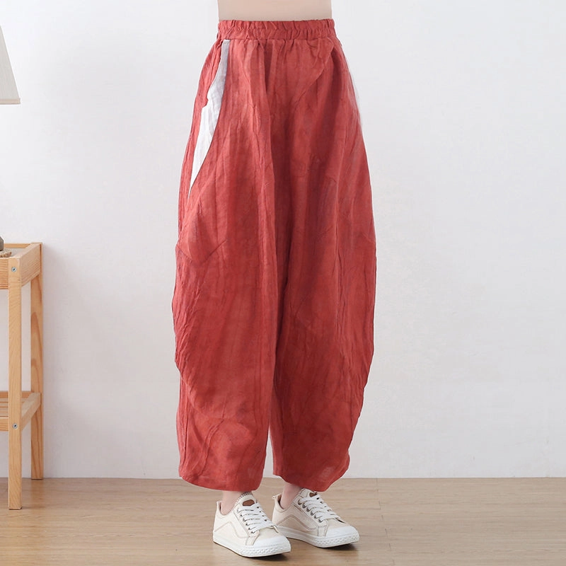 Smooth Feel Lightweight Material Women Loose Crinkled Color Block Linen Pants