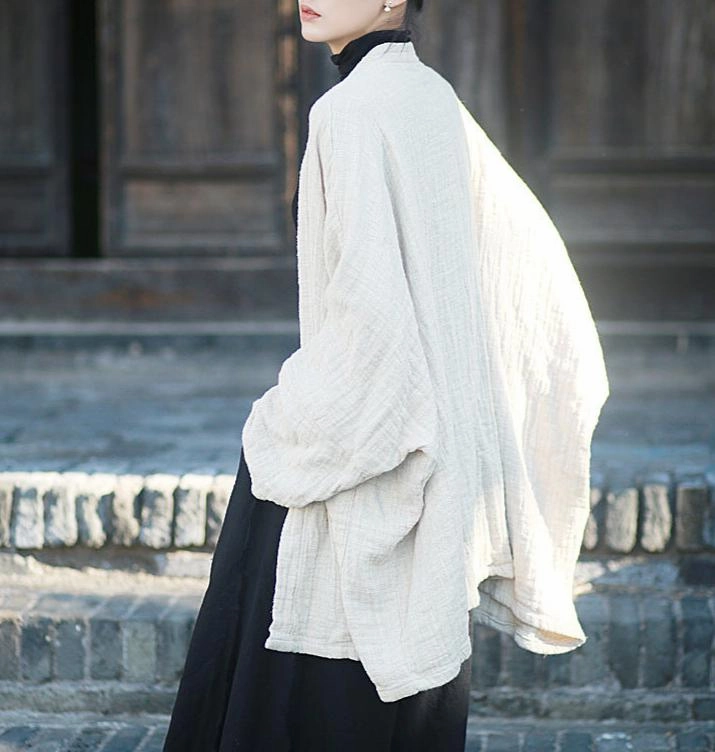 color block Women Loose Solid Beige Linen Cardigans