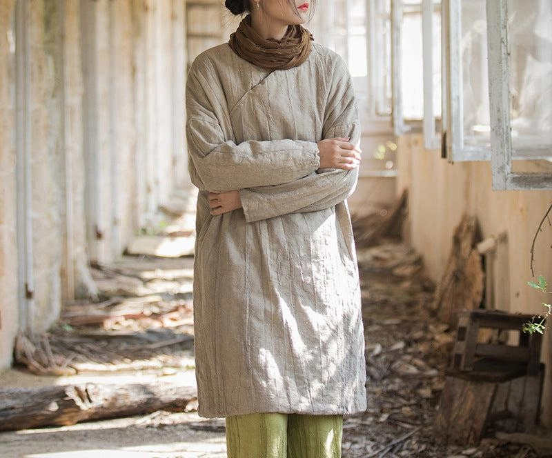 Crisp Detail Women Ramie Tie-Dyed Textured Mid-Length Padded Coat