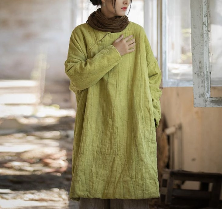 Versatile Layering Foldable Shoulder Straps Women Ramie Tie-Dyed Textured Mid-Length Padded Coat