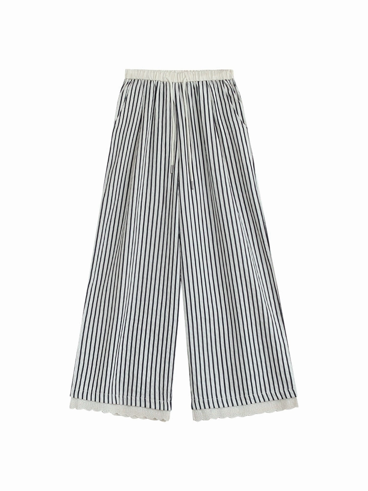 Humidity Control Women Retro Cotton Striped Scalloped Hem Lace Up Pants