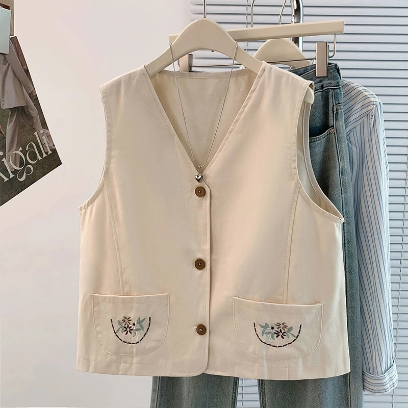 Compression Storage Women Retro Cotton Washed Embroidered Versatile V-Neck Vest