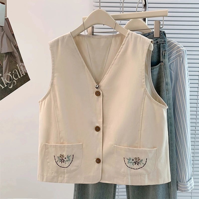 Women Retro Cotton Washed Embroidered Versatile V-Neck Vest Foldable Shoulder Straps Durable Water Repellent Finish