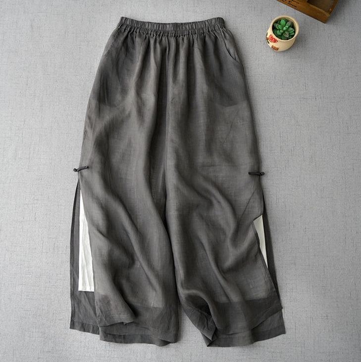 Buttery Feel Women Retro Double-Layer Lightweight Ramie Wide-Leg Trousers