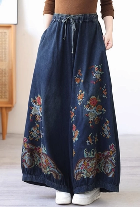 Women Retro Ethnic Style Embroidered Wide- Leg Jeans Velvety Touch