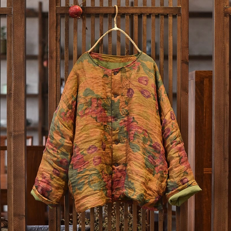 Women Retro Floral Pleated Loose Linen Quilted Coat Non Chafing Neckline