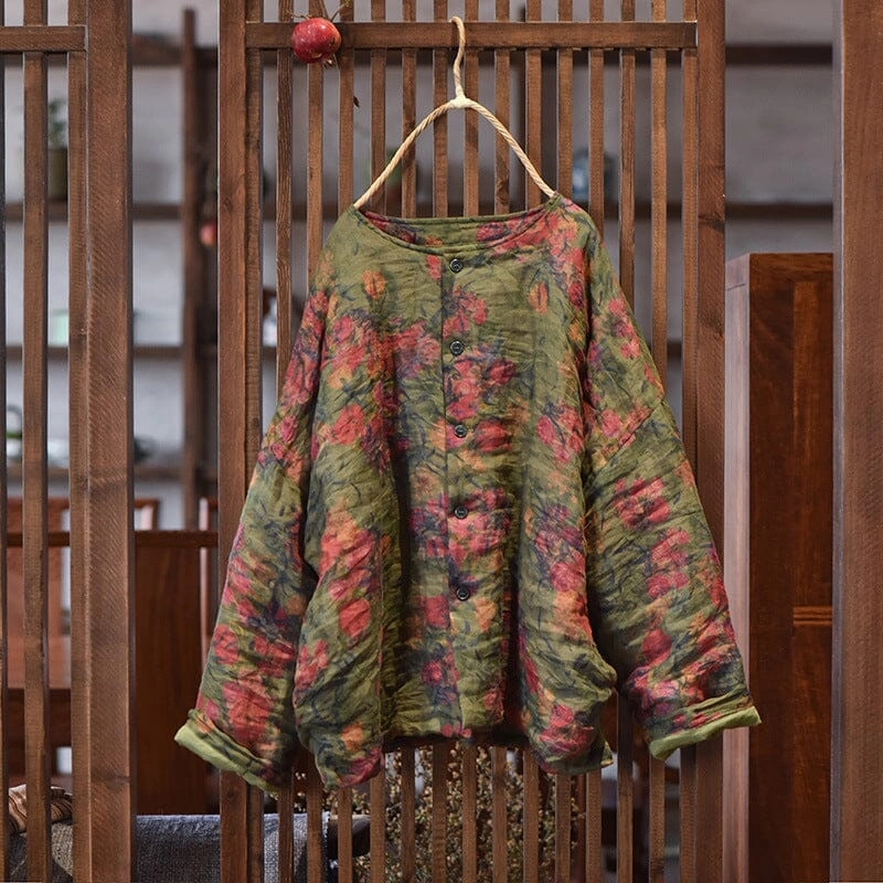Winter Outerwear Cozy Fit Women Retro Floral Pleated Loose Linen Quilted Coat