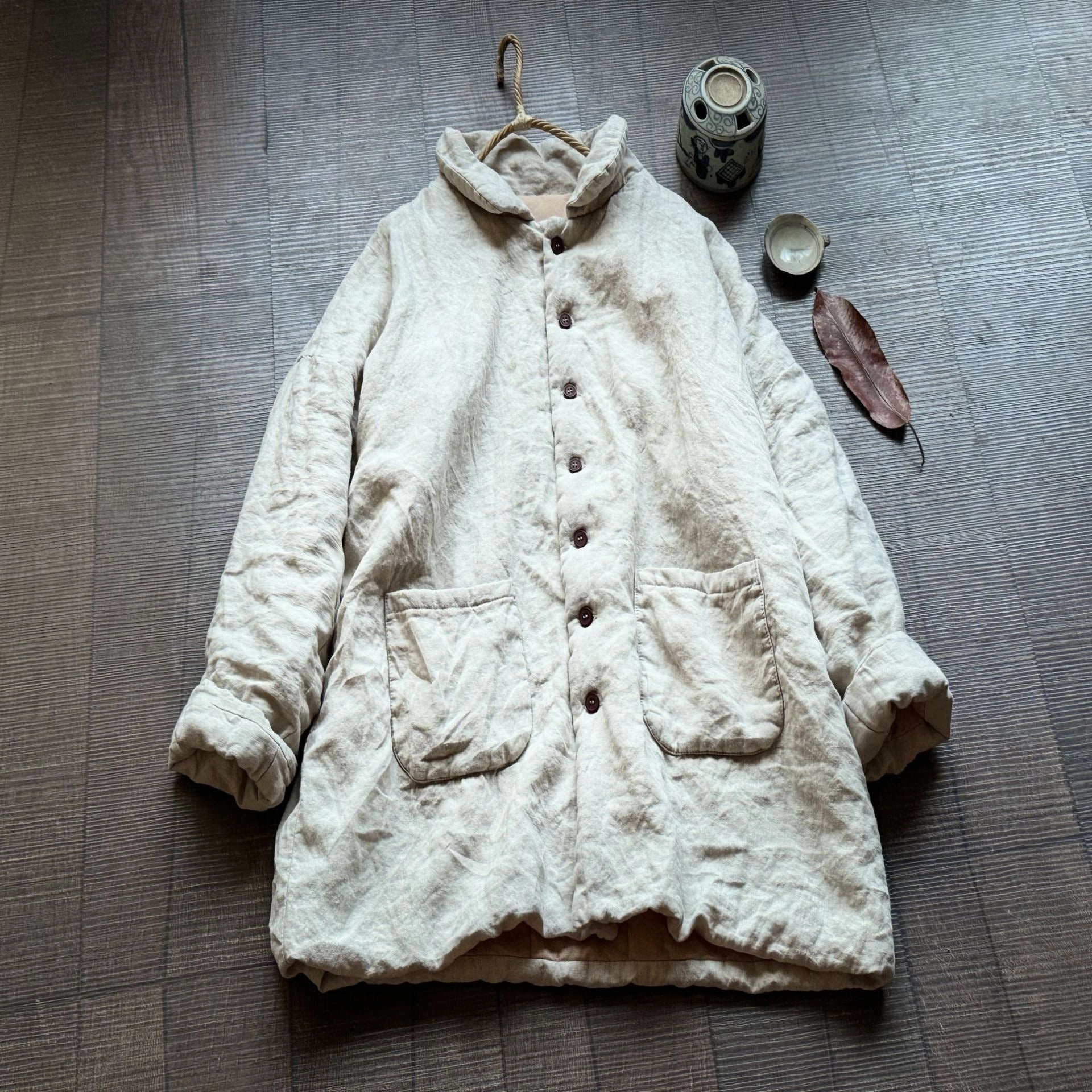 Women Retro High Quality Mid-Length Padded Linen Coats Water Repellent Fabric Sleek Comfort