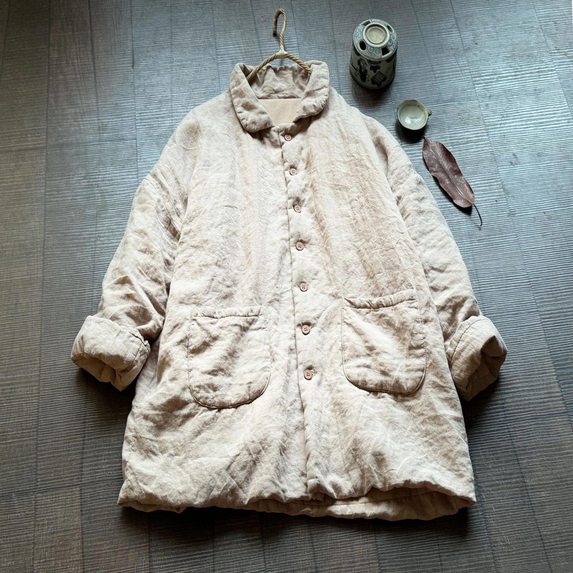 Quilted Interior Layer Softshell Material Women Retro High Quality Mid-Length Padded Linen Coats