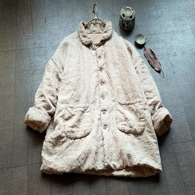 Quilted Interior Layer Softshell Material Women Retro High Quality Mid-Length Padded Linen Coats