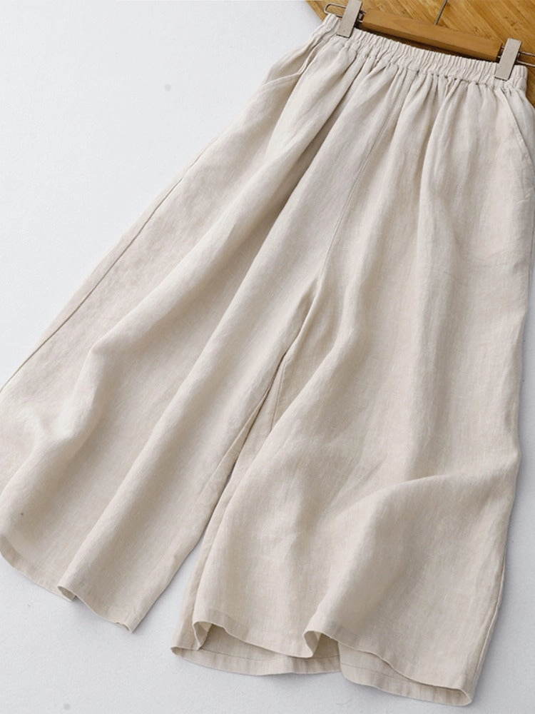 Women Retro Linen Plus Size Elastic Waist Loose Pants Soft Texture