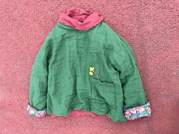 Women Retro Loose Print Linen Quilted Pull-Over Coat Lightweight Feel