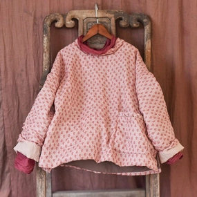 Women Retro Loose Print Linen Quilted Pull-Over Coat Army Style RubberizedTrim