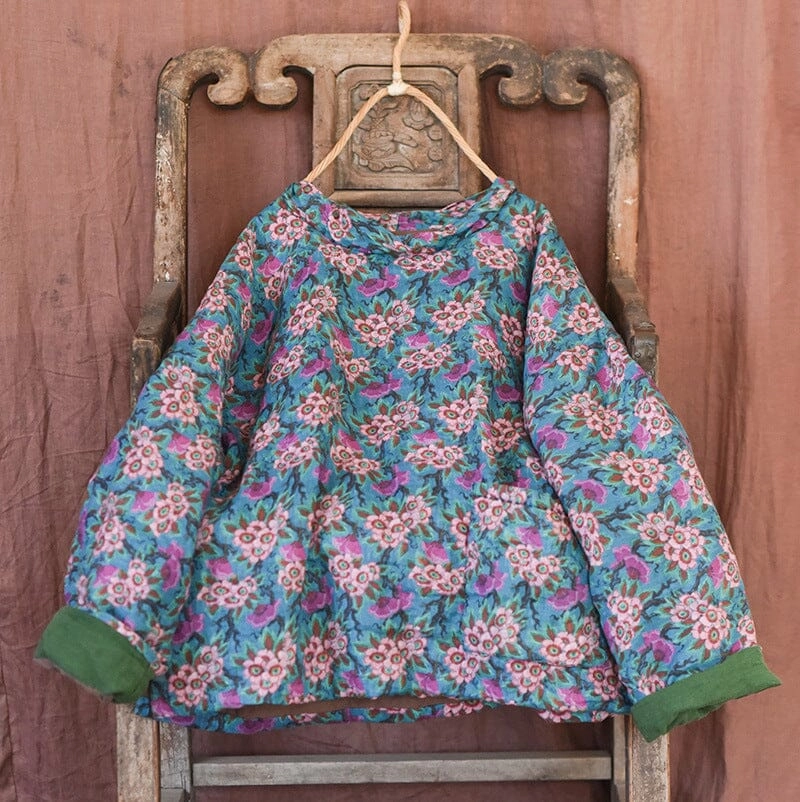 Women Retro Loose Print Linen Quilted Pull-Over Coat Effortless Travel Wear OdorResistantTreatment