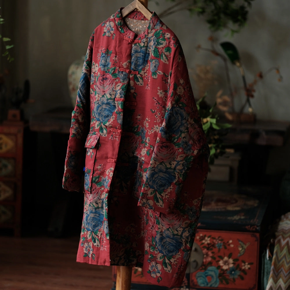 Women Retro Loose Red Floral Printed Mid- Length Padded Jacket Reflective Safety Trim Non Irritating Collar