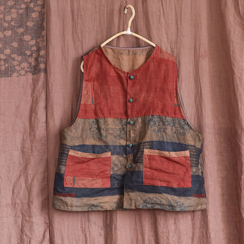 Thermal Core Technology Women Retro Patchwork Linen Loose Vest