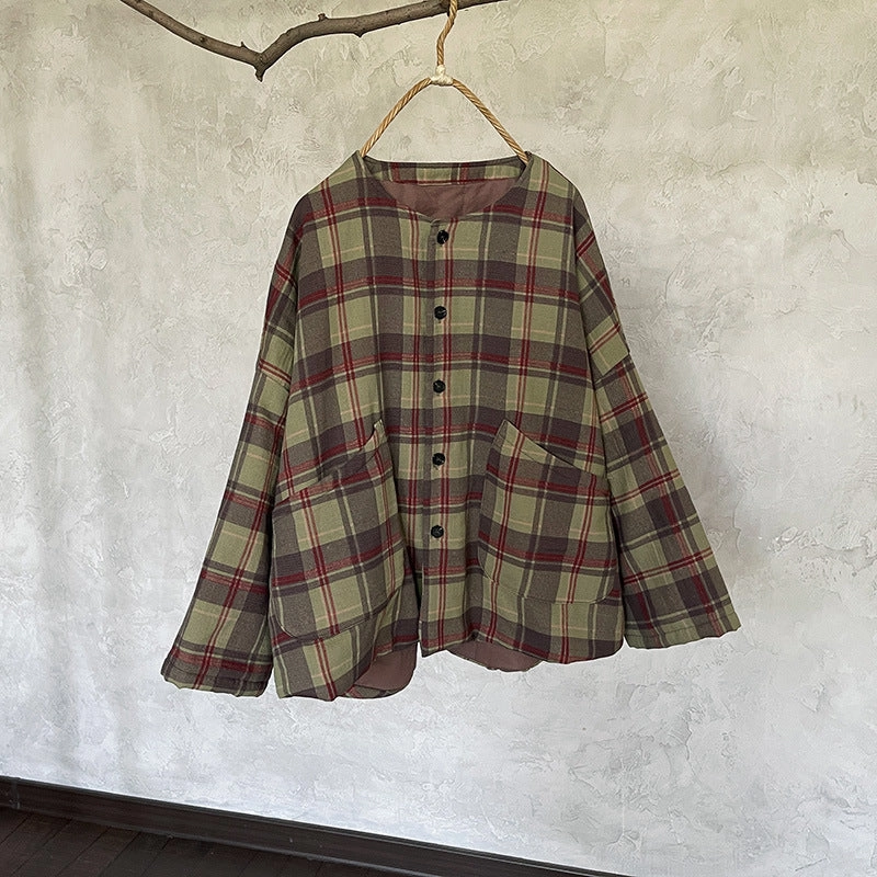 Women Retro Plaid Thickened Padded Short Cotton Jacket Wind Chill Protection