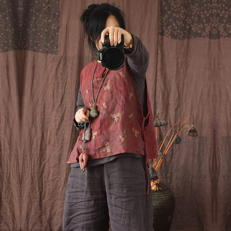 Women Retro Printed Patchwork Linen Vest Quick Access Pockets Everyday Comfort Fit