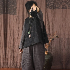 Women Retro Printed Patchwork Linen Vest Smooth Glide Fasteners Cool Tone