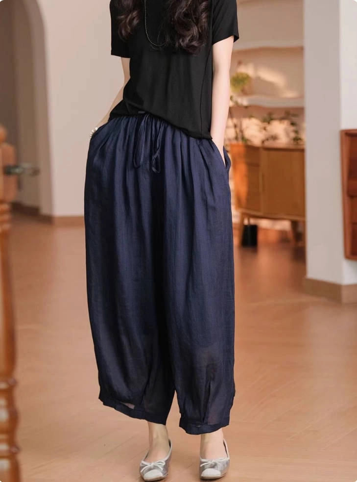 Women Retro Ramie Comfortable Double-Layer Loose Bloomers Light Build