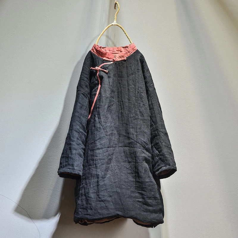 Modular Layering Compatibility Women Retro Warm Mid- Length Padded Linen Coat