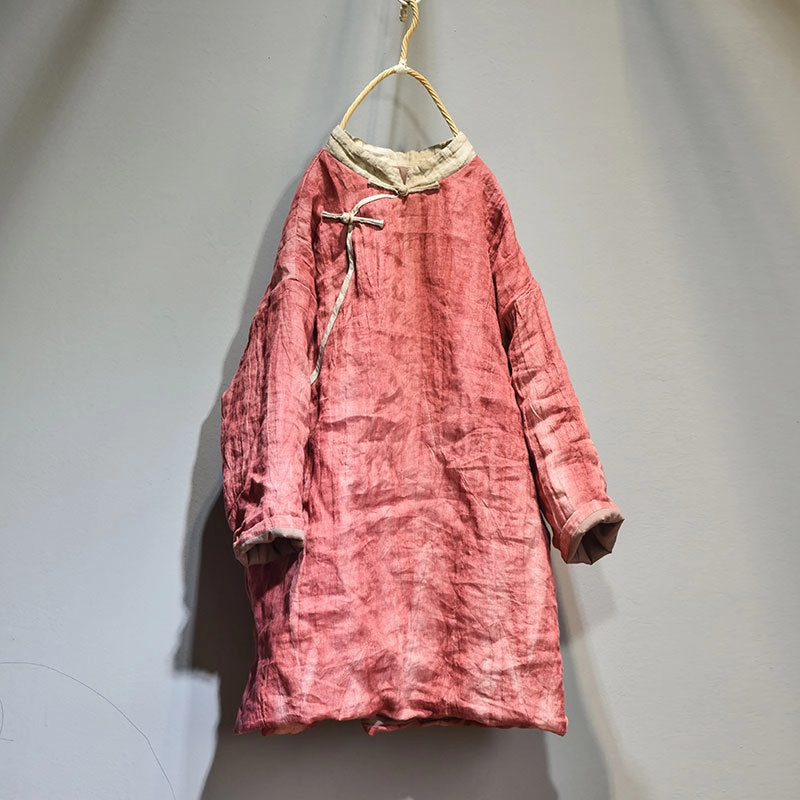 Cuffs Adjust Women Retro Warm Mid- Length Padded Linen Coat