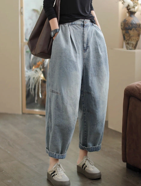 Women's Fashion Casual Elastic Waist Solid Color Harem Jeans Soft Feel