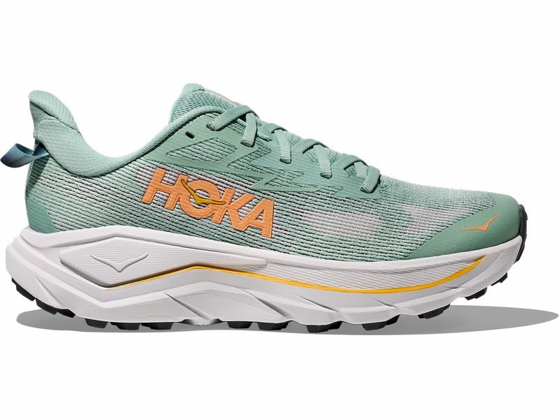 Women's Hoka Challenger 8 All Terrain Running Shoe Adjustable drawstring Feather Glow