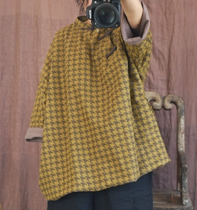 Women's Retro Houndstooth Quilted Warm Cotton Linen Coat MagneticClosure Fashion Event