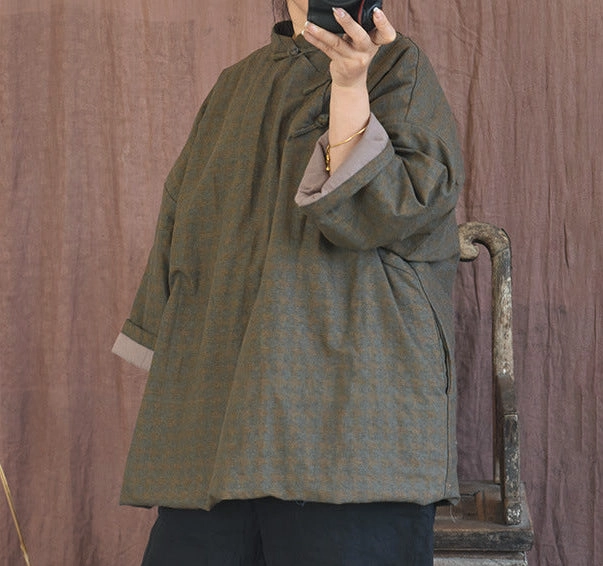 Very Cold Women's Retro Houndstooth Quilted Warm Cotton Linen Coat