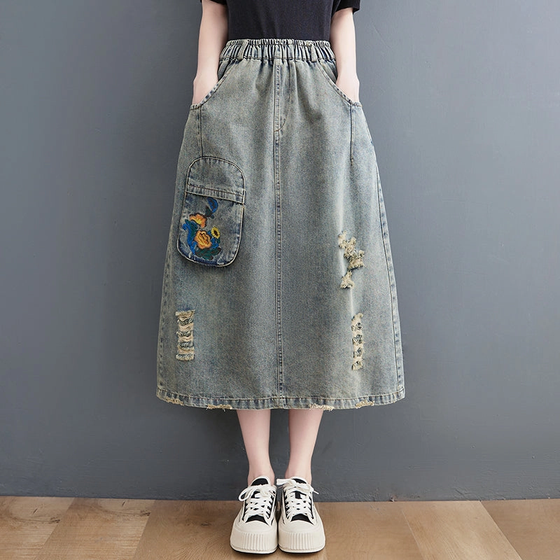 Durable Material Women's Vintage Distressed Floral Embroidered Denim Midi Skirt