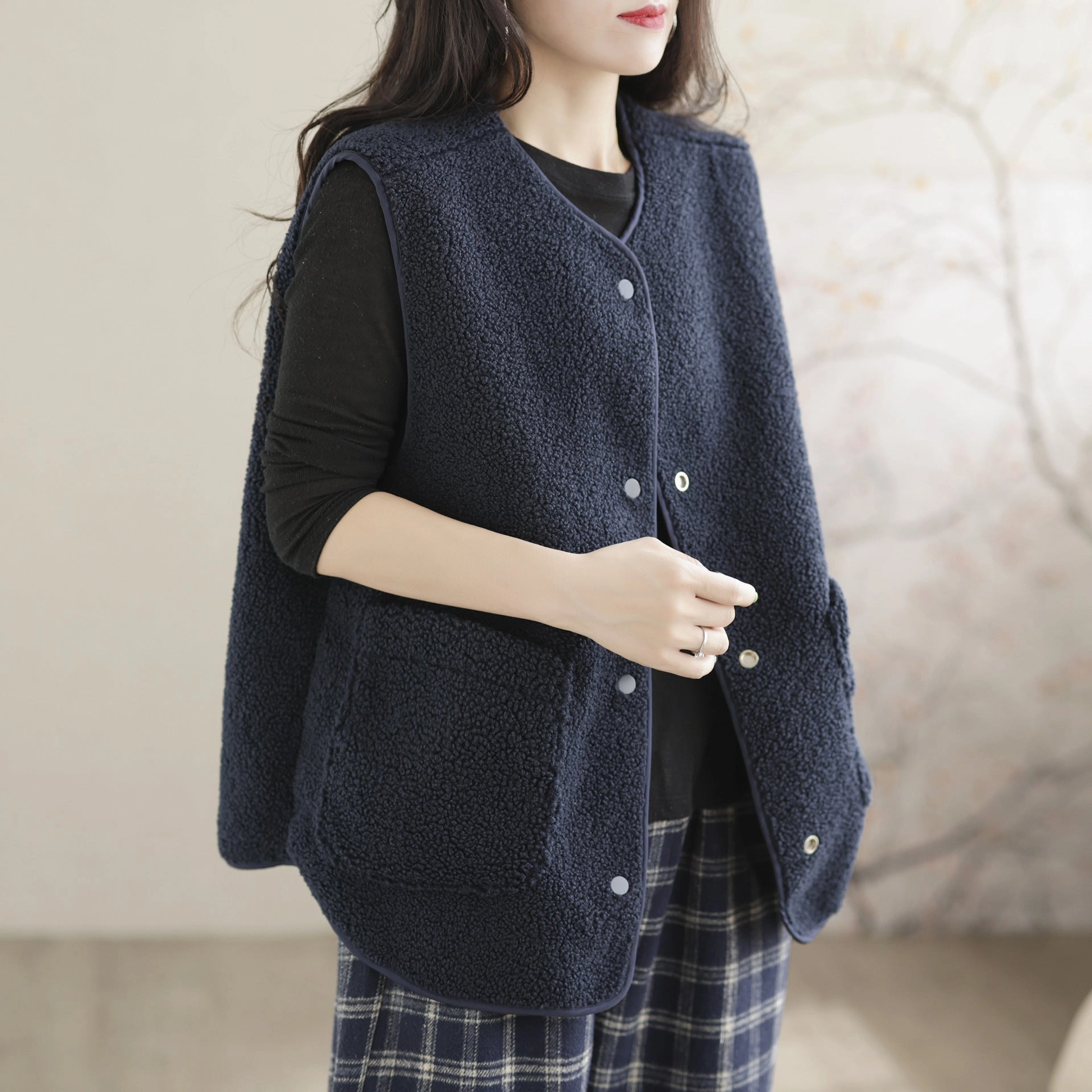 Adjustable Detachable Hood Women Solid Color Cozy Sherpa Vest